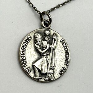 Sterling Silver St Christopher Medal Necklace 16” 925 Italy Chain Religious